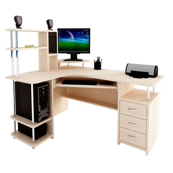 Угловые компьютерные столы с надстройками и полками и шкафчиком