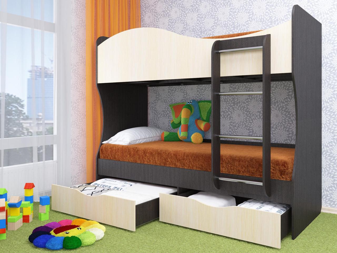 кровать детская двухъярусная с лестницей и ящиками