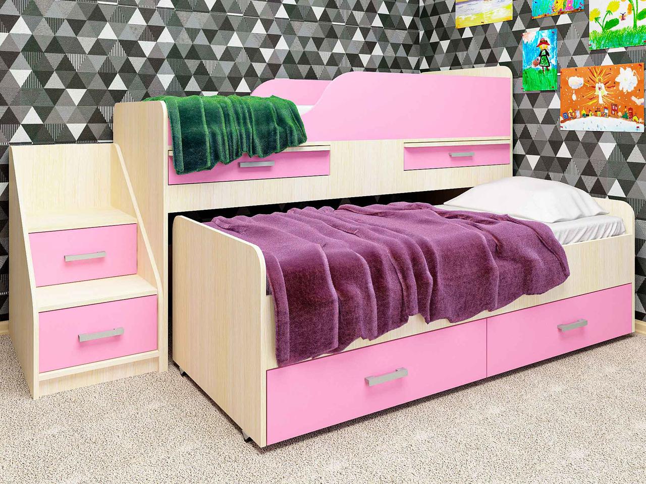детская кровать двухъярусная с столом с ящиками
