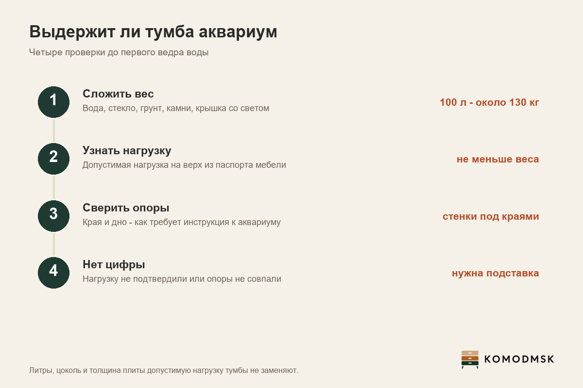 Инфографика: выдержит ли тумба аквариум - четыре проверки: сложить вес по частям, аквариум на 100 литров около 130 кг; узнать допустимую нагрузку на верх; сверить опоры с инструкцией к аквариуму; нет цифры - нужна подставка
