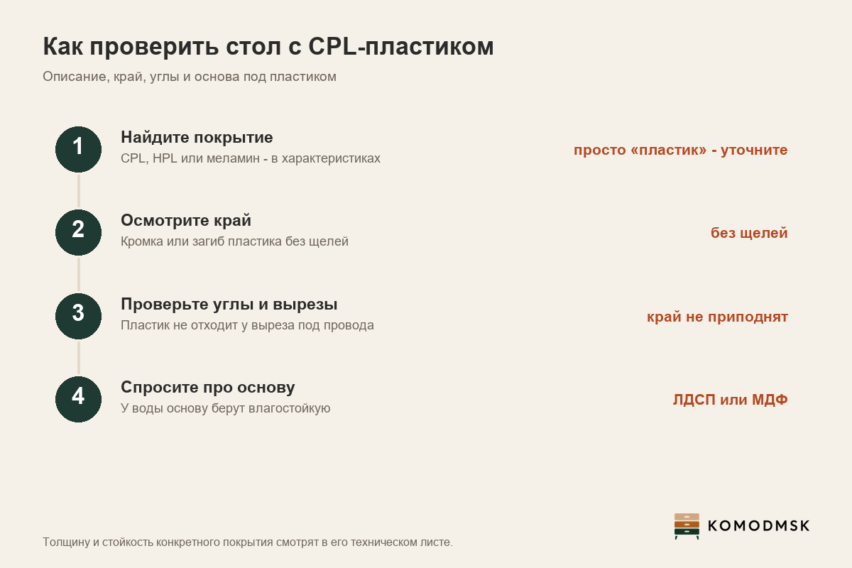 Инфографика: как проверить стол с CPL-пластиком - найти покрытие в описании, осмотреть передний край, проверить углы и вырезы, спросить про основу