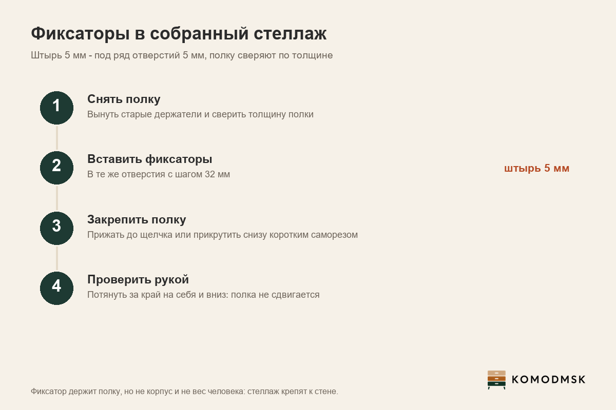 Инфографика: фиксатор полки - снять полку и сверить её толщину, вставить фиксаторы со штырём 5 мм в ряд отверстий с шагом 32 мм, положить полку и прижать до щелчка или прикрутить, потянуть за край рукой для проверки