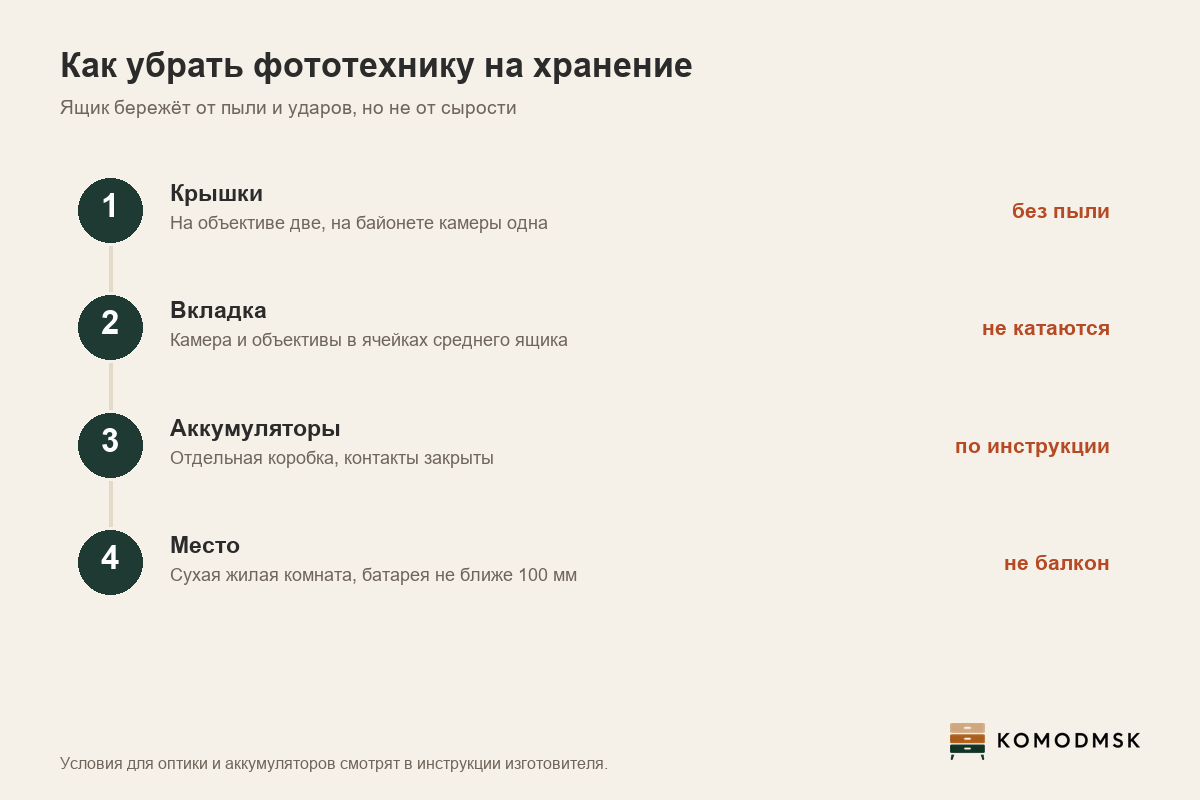 Инфографика: как убрать фототехнику на хранение - крышки на объективе и байонете, камера и объективы в мягкой вкладке среднего ящика, аккумуляторы и зарядки в отдельной коробке по инструкции изготовителя, шкаф в сухой жилой комнате не ближе 100 мм от батареи