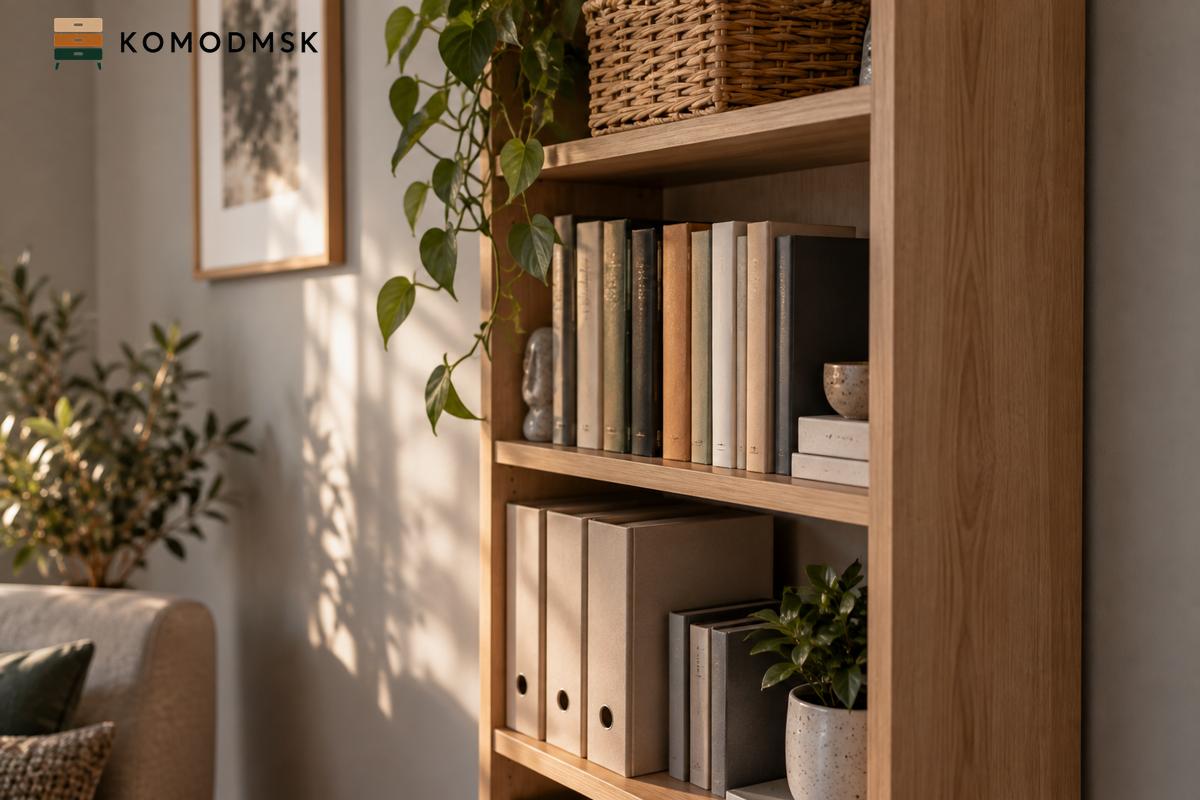 Узкий книжный стеллаж у стены, видно, как книга стоит корешком наружу и почти не выступает за кромку полки