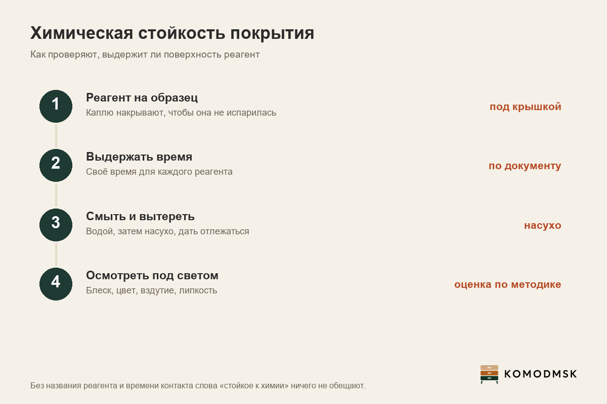 Инфографика: как проверяют химическую стойкость покрытия - реагент на образце под крышкой, заданное время контакта, смыть и вытереть, осмотреть под светом и поставить оценку