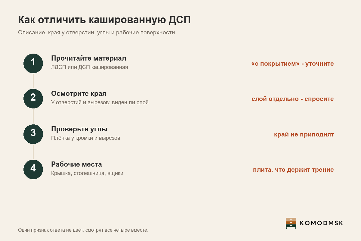 Инфографика: как отличить кашированную ДСП - прочитать материал в описании, осмотреть края у отверстий и вырезов, проверить углы, посмотреть рабочие поверхности
