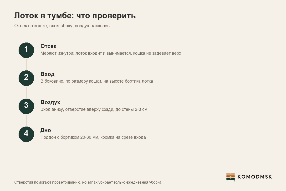 Инфографика: тумба для кошачьего лотка - отсек меряют изнутри по своей кошке и лотку, вход в боковине на высоте бортика лотка, проветривание: воздух входит снизу и выходит сверху через заднюю стенку, зазор до стены 2-3 см, поддон на дне