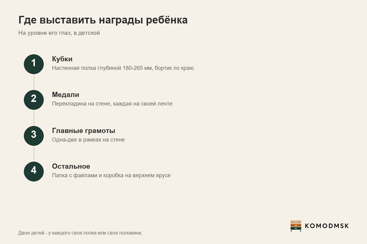 Инфографика: где выставить награды ребёнка - полка глубиной 180-265 мм на уровне глаз, высокие кубки по краям ряда, медали на перекладине, грамоты в рамках и в папке, бортик и стекло