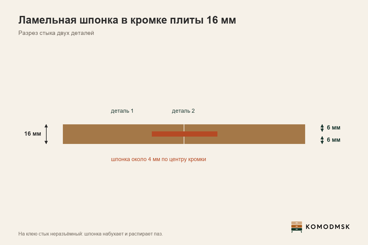 Инфографика: стык двух деталей толщиной 16 мм на ламельной шпонке около 4 мм - шпонка стоит по центру кромки, по 6 мм материала с каждой стороны, на клею стык неразъёмный