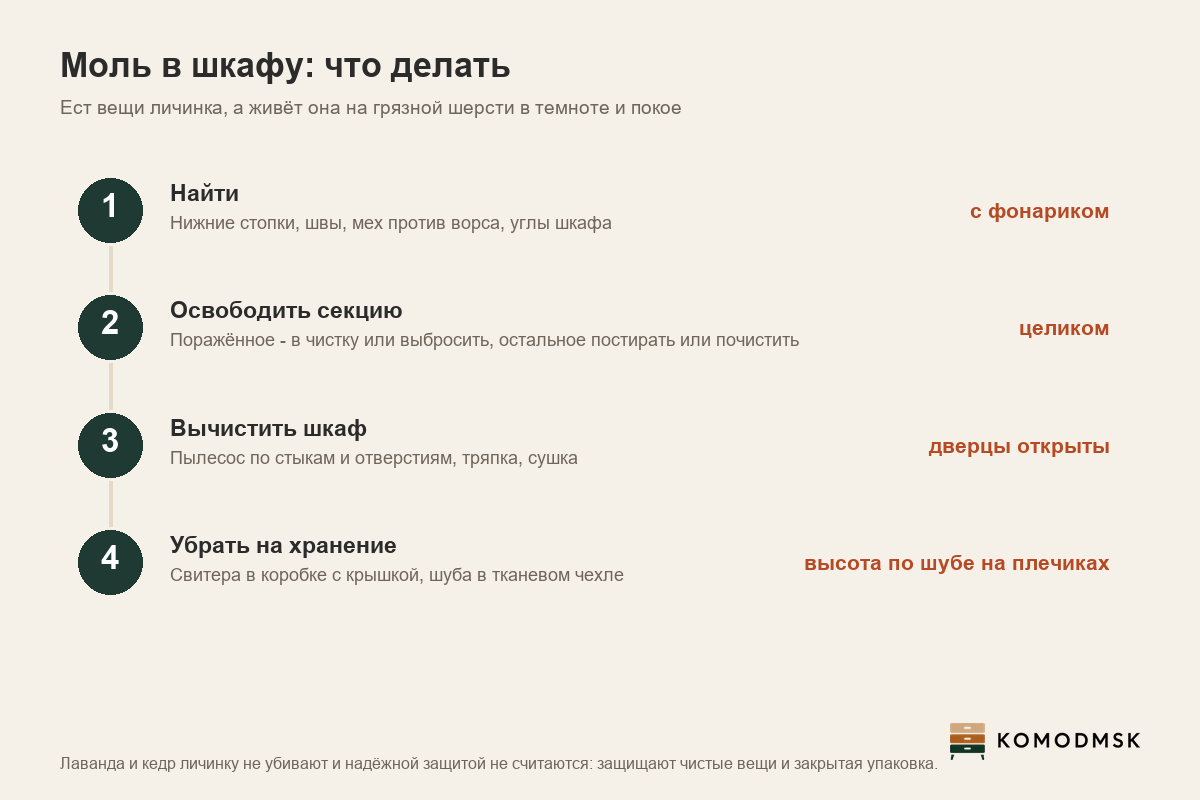 Инфографика: моль в шкафу - кто ест вещи, где искать, что сделать со шкафом и как хранить свитера и шубу: закрытая коробка, тканевый чехол, высоту секции меряют по шубе на плечиках