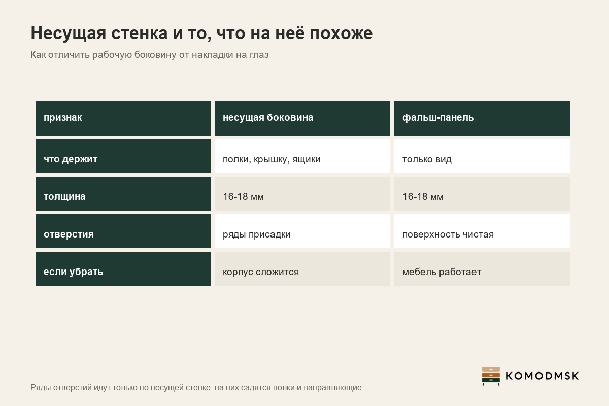 Таблица: признаки несущей боковины против накладной фальш-панели