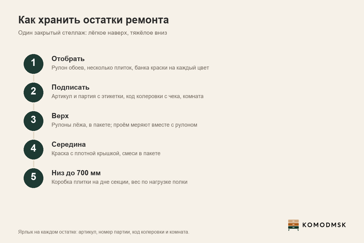 Инфографика: как хранить остатки ремонта - отобрать рулон обоев, несколько плиток и банку краски, подписать артикул, партию и код колеровки, рулоны лёжа наверху, краска в середине, коробка плитки внизу до 700 мм, лучше на дне секции