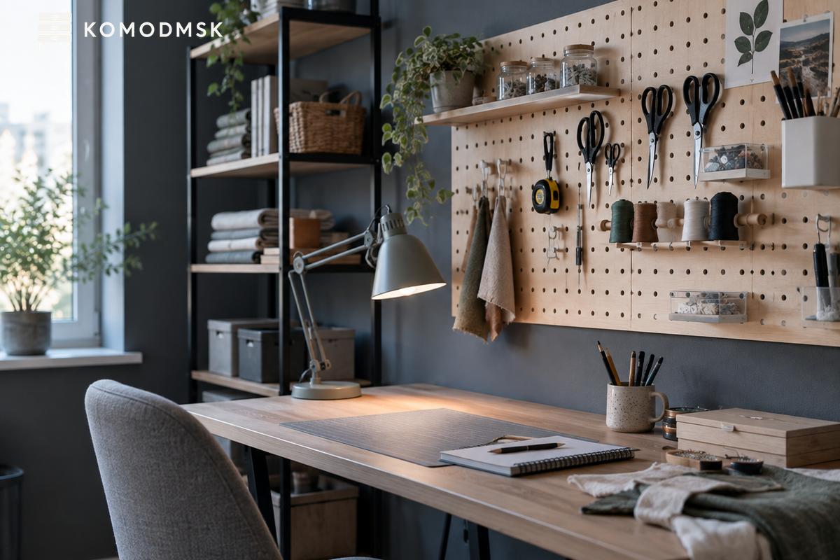 Над рабочим столом у стены цвета графита висит светлая панель с частыми отверстиями, на крючках ножницы, рулетка, катушки ниток и маленькая полочка с баночками
