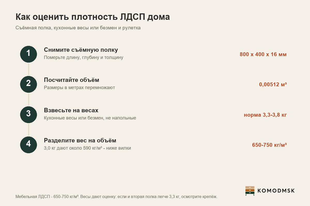 Инфографика: как оценить плотность ЛДСП дома - снять полку 800 на 400 мм, посчитать объём 0,00512 кубометра, взвесить, разделить вес на объём; норма 3,3-3,8 кг, это 650-750 кг/м³