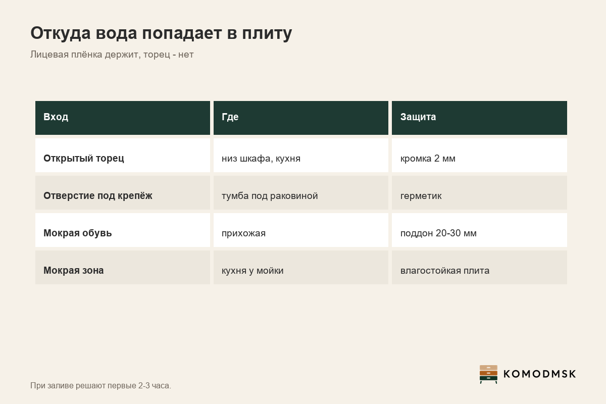 Инфографика: разбухание ЛДСП - вода входит через торец, отверстия и трещину в кромке; кромка 2 мм на мокрых торцах, герметик в отверстиях, поддон 20-30 мм для обуви, при заливе сушить в первые 2-3 часа