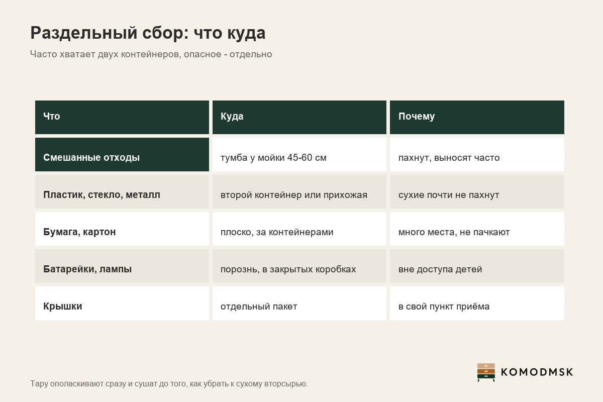 Инфографика: раздельный сбор мусора дома - смешанные отходы у мойки в тумбе 45-60 см, сухое вторсырьё во втором контейнере или в прихожей, батарейки и лампы порознь в закрытых коробках вне доступа детей, крышки отдельно