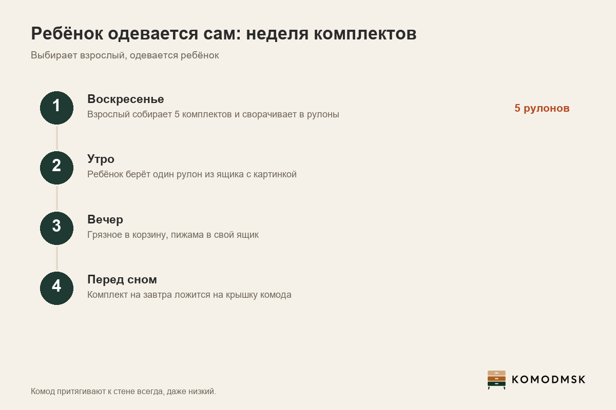 Инфографика: как ребёнок одевается сам - в воскресенье взрослый собирает 5 комплектов в ящик, утром ребёнок берёт один рулон целиком, вечером пижама и снятые вещи уходят на свои места, а комплект на завтра ложится на крышку комода
