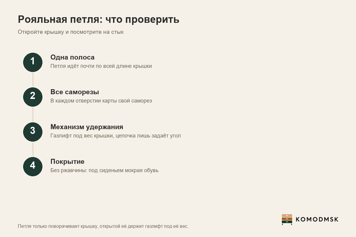 Инфографика: как проверить рояльную петлю на откидной крышке - одна полоса по всей длине стыка, саморез в каждом отверстии, газлифт под вес крышки держит её открытой, покрытие от ржавчины в прихожей