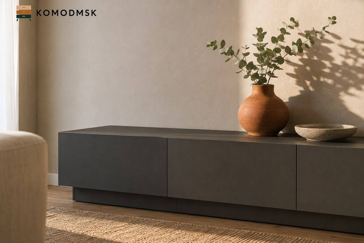 Невысокая тумба в графитово-сером матовом декоре у светлой стены с терракотовой вазой