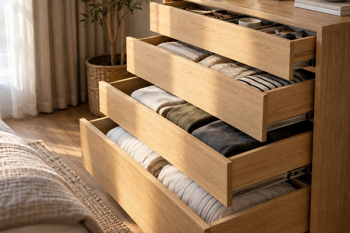 Комод с четырьмя выдвинутыми ящиками разной высоты: верхний мелкий с разделителями, нижние глубокие с постельным бельём