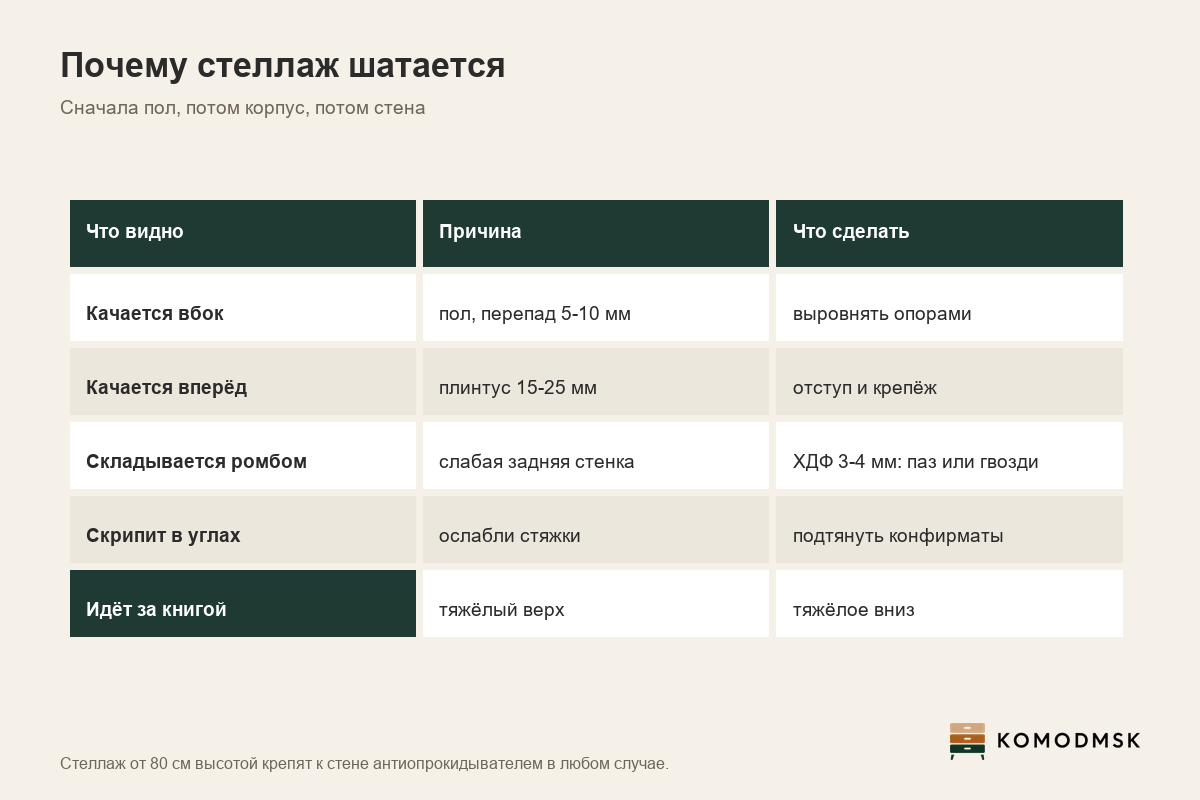 Инфографика: почему стеллаж шатается - кривой пол, плинтус 15-25 мм, слабая задняя стенка ХДФ 3-4 мм, ослабшие стяжки, тяжёлый верх; пол выравнивают опорами, стеллаж от 80 см крепят антиопрокидывателем