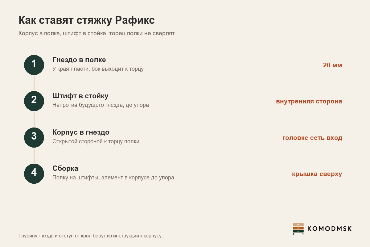 Инфографика: как ставят стяжку Рафикс - гнездо 20 мм у края полки, штифт в стойку, корпус в гнездо открытой стороной к торцу, поворот до упора