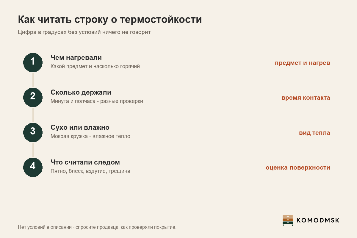 Инфографика: как читать строку о термостойкости покрытия - чем нагревали, сколько держали, сухое или влажное тепло, какой след считали повреждением