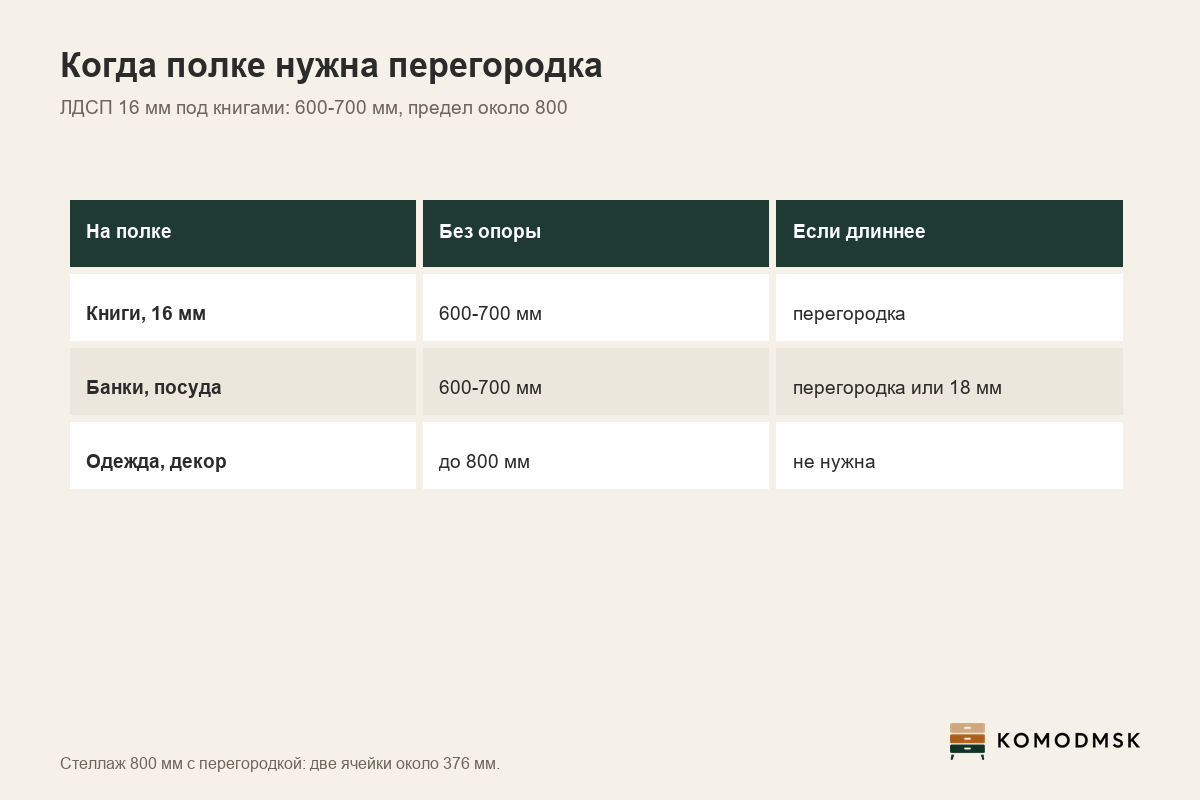 Инфографика: вертикальная перегородка - полка ЛДСП 16 мм под книгами держит 600-700 мм, предел около 800 мм, стеллаж 800 мм с перегородкой даёт две ячейки около 376 мм в свету, несущая от дна до крыши, вставная между полками