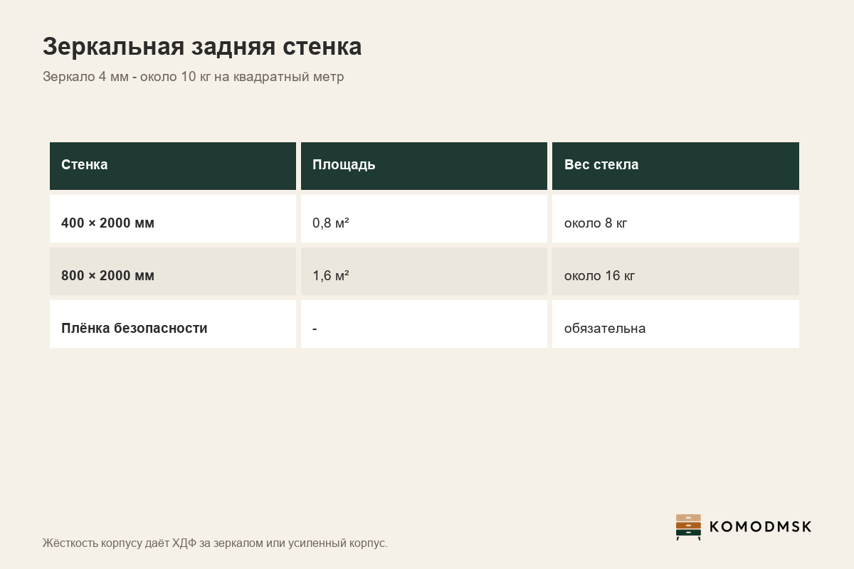 Инфографика: зеркальная задняя стенка - зеркало 4 мм весит около 10 кг на квадратный метр, стенка 800×2000 мм около 16 кг, жёсткость корпуса даёт ХДФ за зеркалом или усиленный корпус, плёнка безопасности обязательна